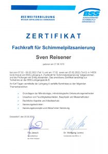 Zertifikat Schimmelpilzsanierung Sven Reisener