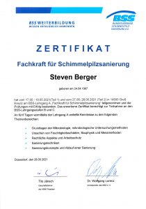Zertifikat Schimmelpilzsanierung Steven Berger