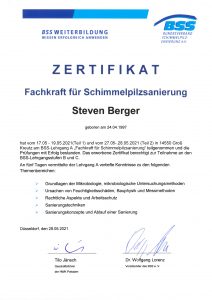 Zertifikat für Schimmelsanierung Steven Berger