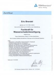Zertifikat Wasserschadensanierung Eric Brendel